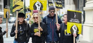 Gina Gershon, Jessica Lange, Zachary Quinto and Rebecca Damon on the SAG-AFTRA picket lines