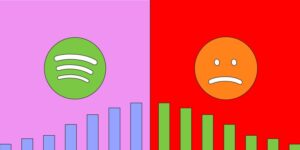 The Spotify logo opposite a frowning face