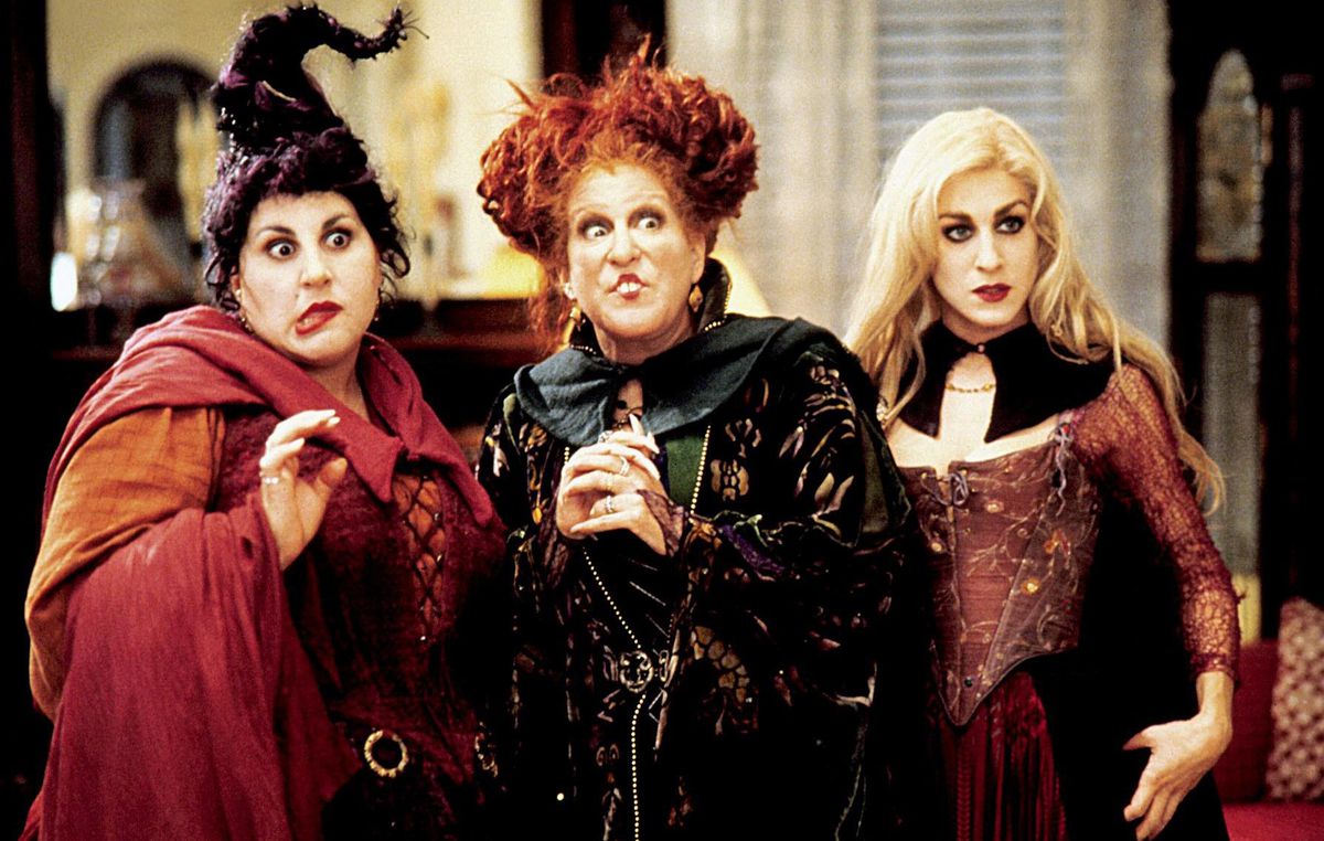 The Sanderson Sisters (Kathy Najimy, Bette Midler, and Sarah Jessica Parker) look confused