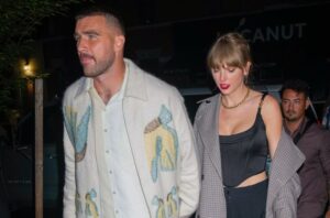 Travis Kelce and Taylor Swift are photographed leaving a "Saturday Night Live" after-party on Oct. 15 in New York.