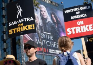 SAG-AFTRA and Writers Guild of America members outside Netflix in Los Angeles.