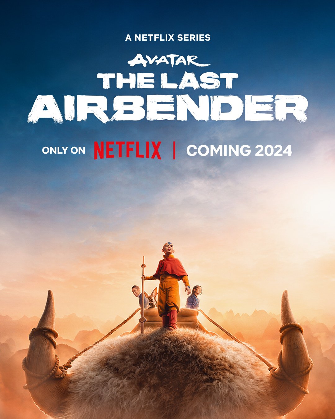 Avatar the Last Airbender Netflix live-action series poster revealing Aang, Sokka, and Katara