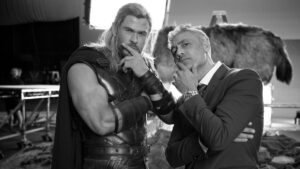 Chris Hemsworth and Taika Waititi in black and white on the set of the Thor: Love and Thunder