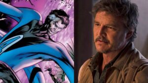 a side-by-side collage of Mister Fantastic in Marvel Comics and Pedro Pascal as Joel in The Last of Us