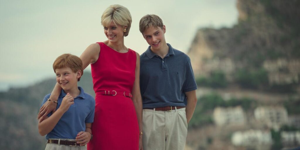 In a scene from "The Crown," young Prince Harry and Prince William, in blue polos and khakis, flank Diana in a red dress.
