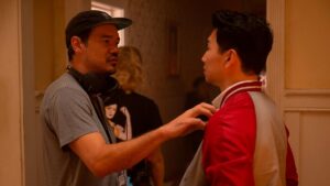 Destin Daniel Cretton directs Simu Liu on the set of Shang-Chi and the Legend of the Ten Rings.