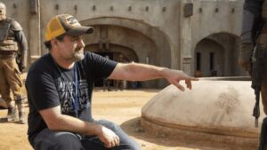 Dave Filoni pointing on the set of the Star Wars series The Mandalorian