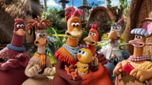 A family portrait from Chicken Run: Dawn of the Nugget. An aardman production made of clay.