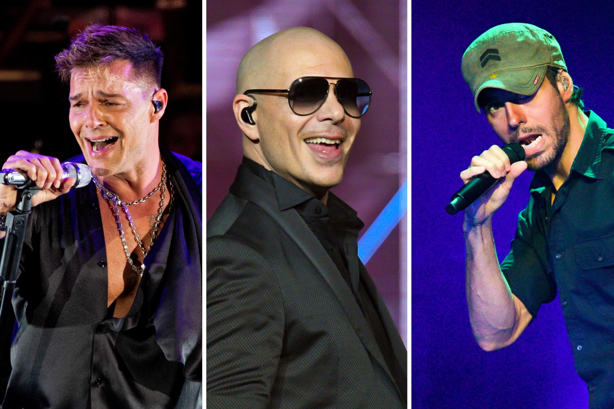 Separate photos of Ricky Martin, Pitbull and Enrique Iglesias 