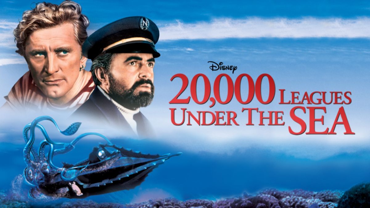 Disney's 20,000 Leagues Under the Sea title card showing Ned Land and Captain Nemo over an ocean with the Nautilus below