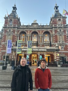 Director Maciek Hamela (R) and producer Piotr Grander outside the Internationaal Theater Amsterdam on Monday, Nov. 13, 2023