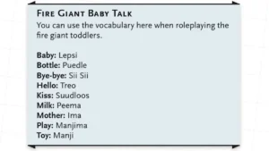 A list of Fire Giant baby talk words in Saving the Children's Menu adventure