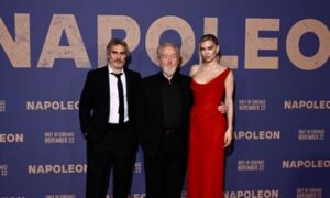 Joaquin Phoenix, Ridley Scott and Vanessa Kirby attend the UK premiere of Napoleon.