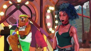 Screenshot of the game Thirsty Suitors featuring a character dressed in a bear costume standing next to another character.