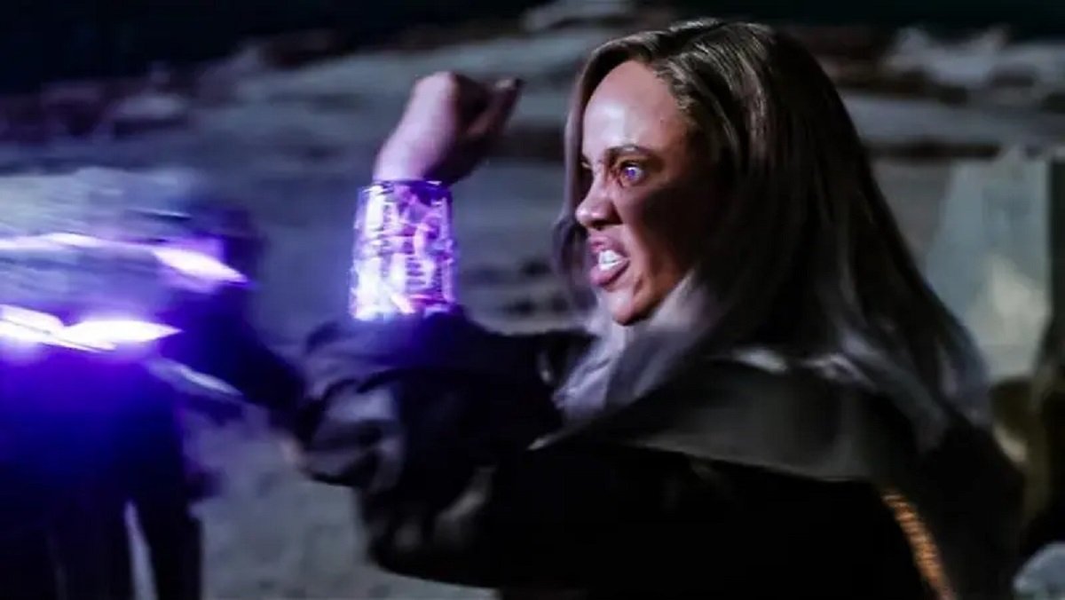 Zawe Ashton as Dar-Benn in The Marvels, using a bangle similar to the one used by Ms. Marvel in the MCU.