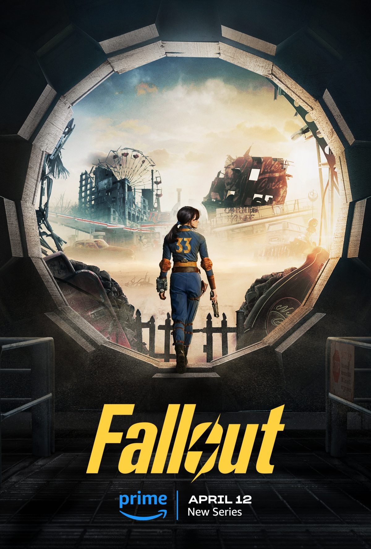 Lucy, a Vault Dweller in a blue jumpsuit with the number 33 on the back, stands in a door way looking at the Wasteland
