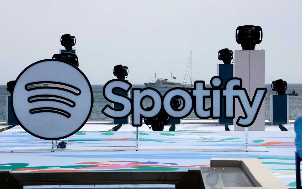 FILE PHOTO: A logo of Spotify is seen on a beach during the Cannes Lions International Festival of Creativity in Cannes, France, June 20, 2023. 