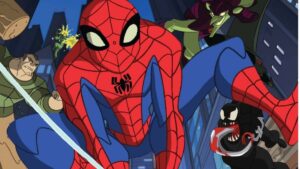 The Peter Parker from the 2008-2009 Spectacular Spider-Man animated series, swinging into action.
