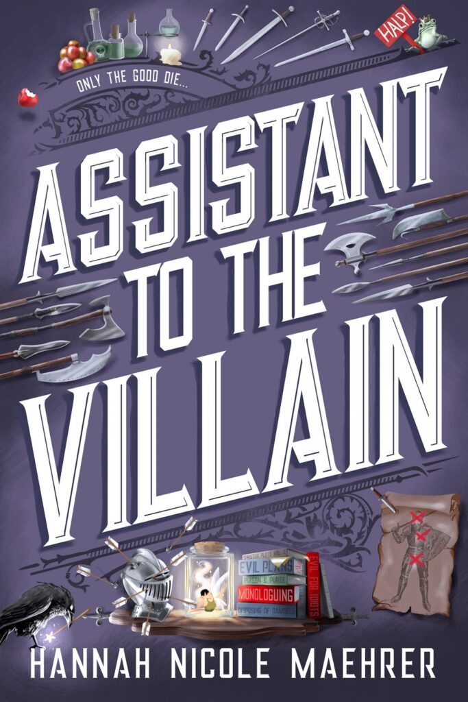 The cover of Assistant to the Villain showing a knight's helmet, a stack of books, and a jar