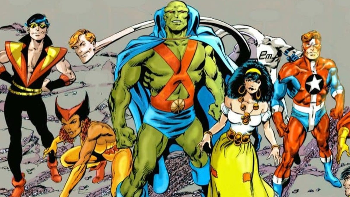 The Justice League of America, Detroit team, art by John Byrne.