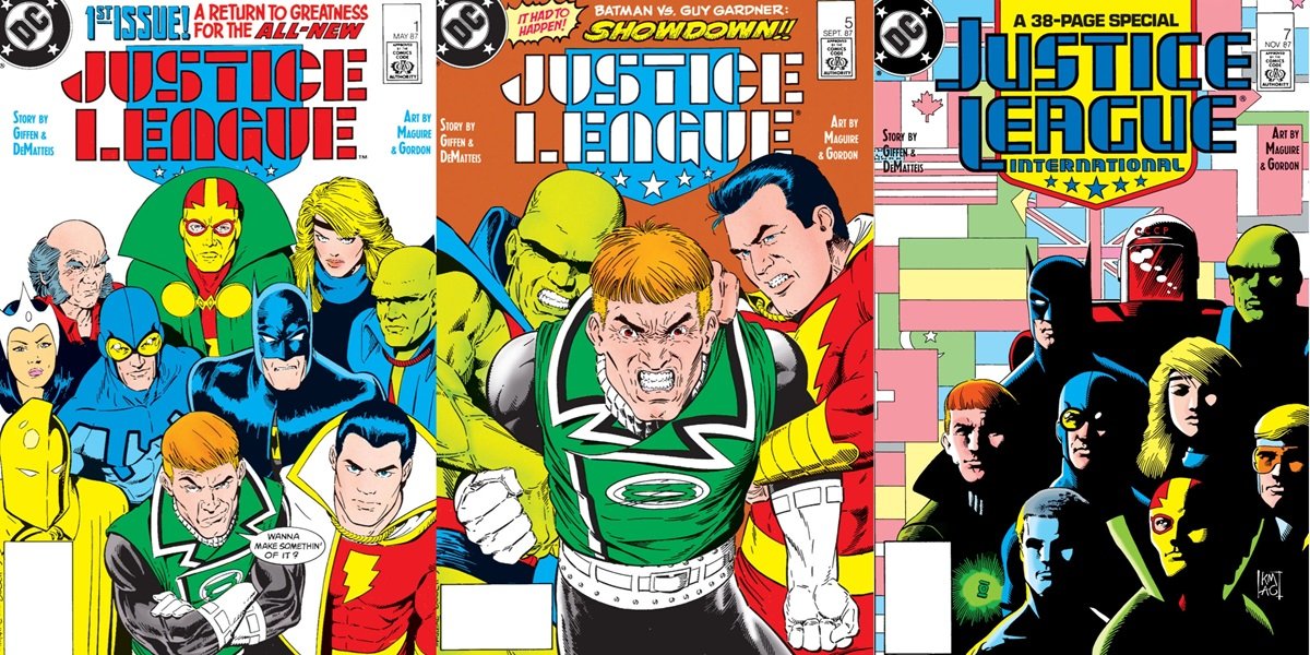 Kevin Maguire's covers for 1987's Justice League #1, 5, and Justice League International #7.