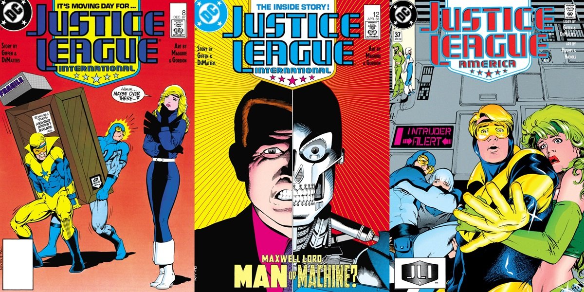 Kevin Maguire's cover for JLI #8 and 12, and Adam Hughes' cover for JLI #37.