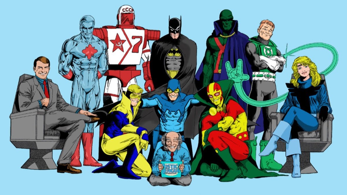 A group shot of the Justice League International's first lineup, art by Kevin Maguire.