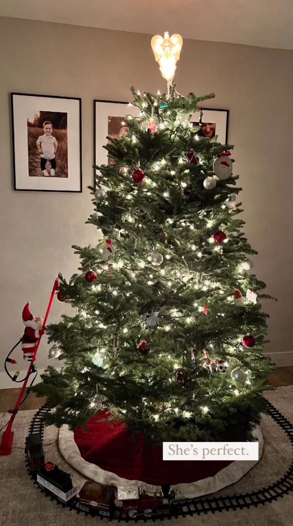 Tori's Christmas tree was decorated with ornaments, a toy train, and Santa