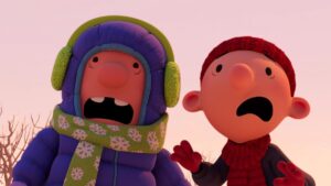 An animated still of two boys, one in a blue coat and the other in a red coat, with their mouths open.
