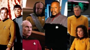 Kirk and Spock from the original Star Trek, Picard and Worf from The Next Generation, Captain Sisko from Deep Space Nine, and Pike and Una from Strange New Worlds.