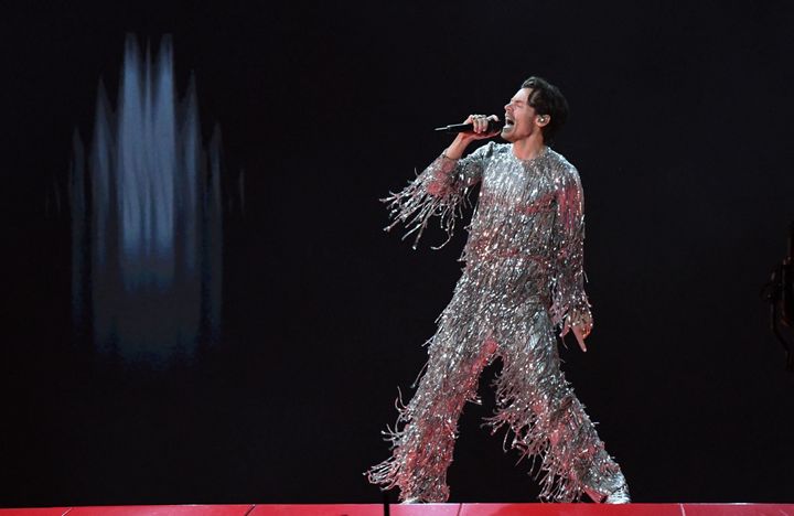 Harry Styles performs in a fringe outfit during the 65th Annual Grammy Awards on Feb. 5, 2023.