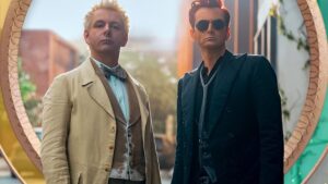 Good Omens characters aziraphale and crowley stand together in poster for season three renewal