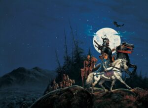 Art from The Wheel of Time: Eye of the World book cover depicting a man in armor on a brown horse and a woman on a white horse in front of the moon