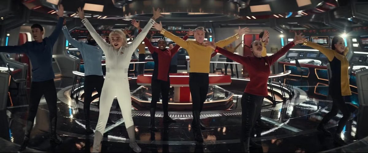 The crew of the Enterprise dancing on the bridge of the ship