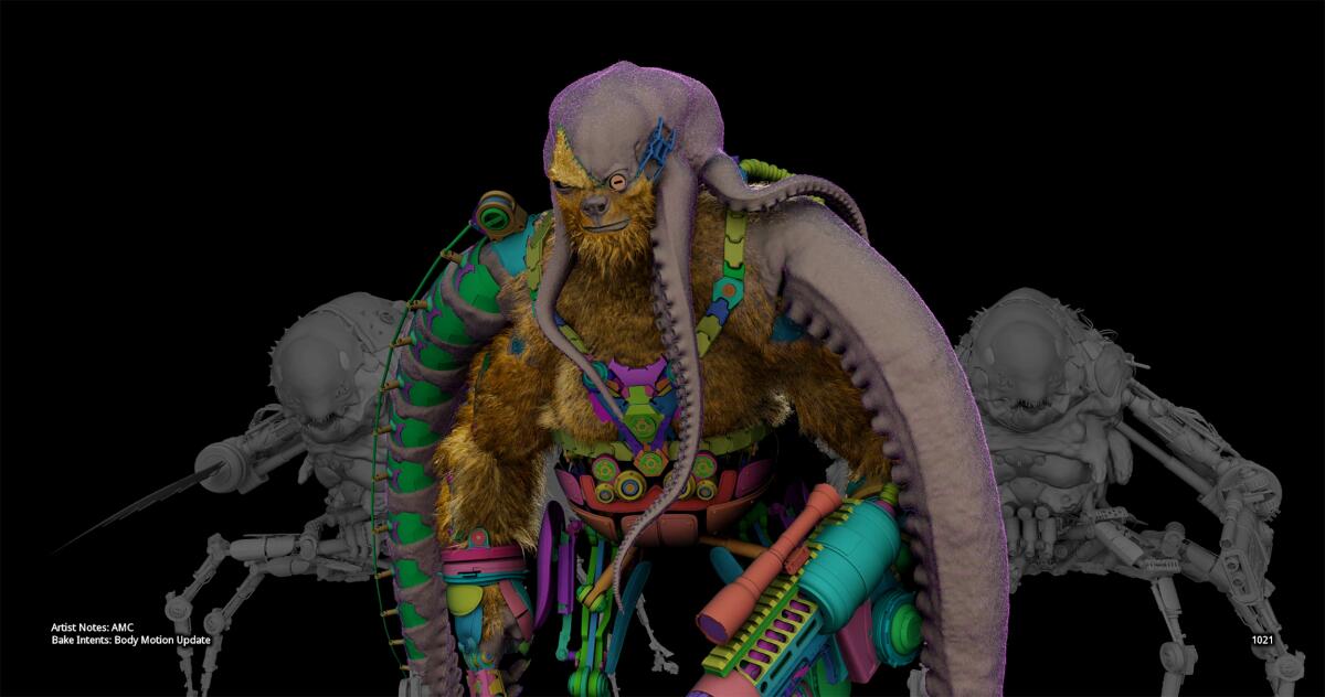 A behind-the-scenes image of the animation process for the monstrous biomechanical guards shows what's inside them.