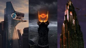 Avengers tower from the MCU, Sauron's fortress from the Lord of the Rings, and the building from 500 Republica in Star Wars.