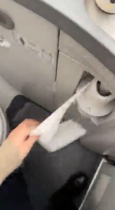 She then grabs a length of toilet paper