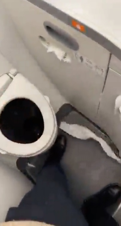 The woman then deliberately drops the toilet paper on the floor
