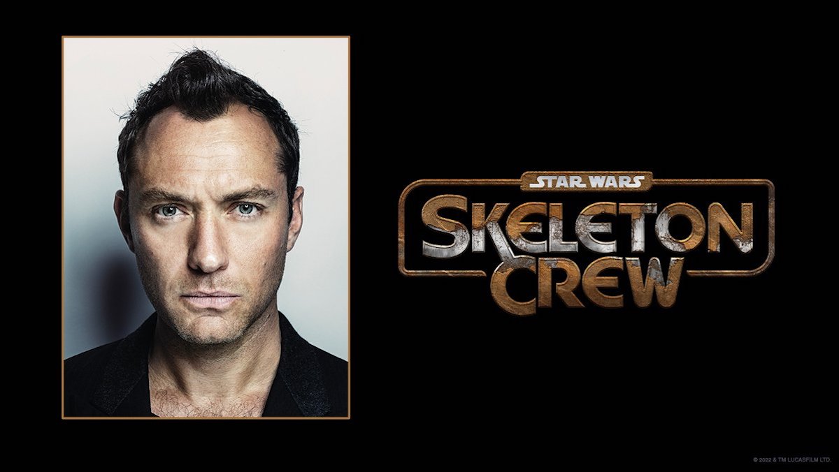 the title card and Jude Law headshot for Star Wars: Skeleton Crew