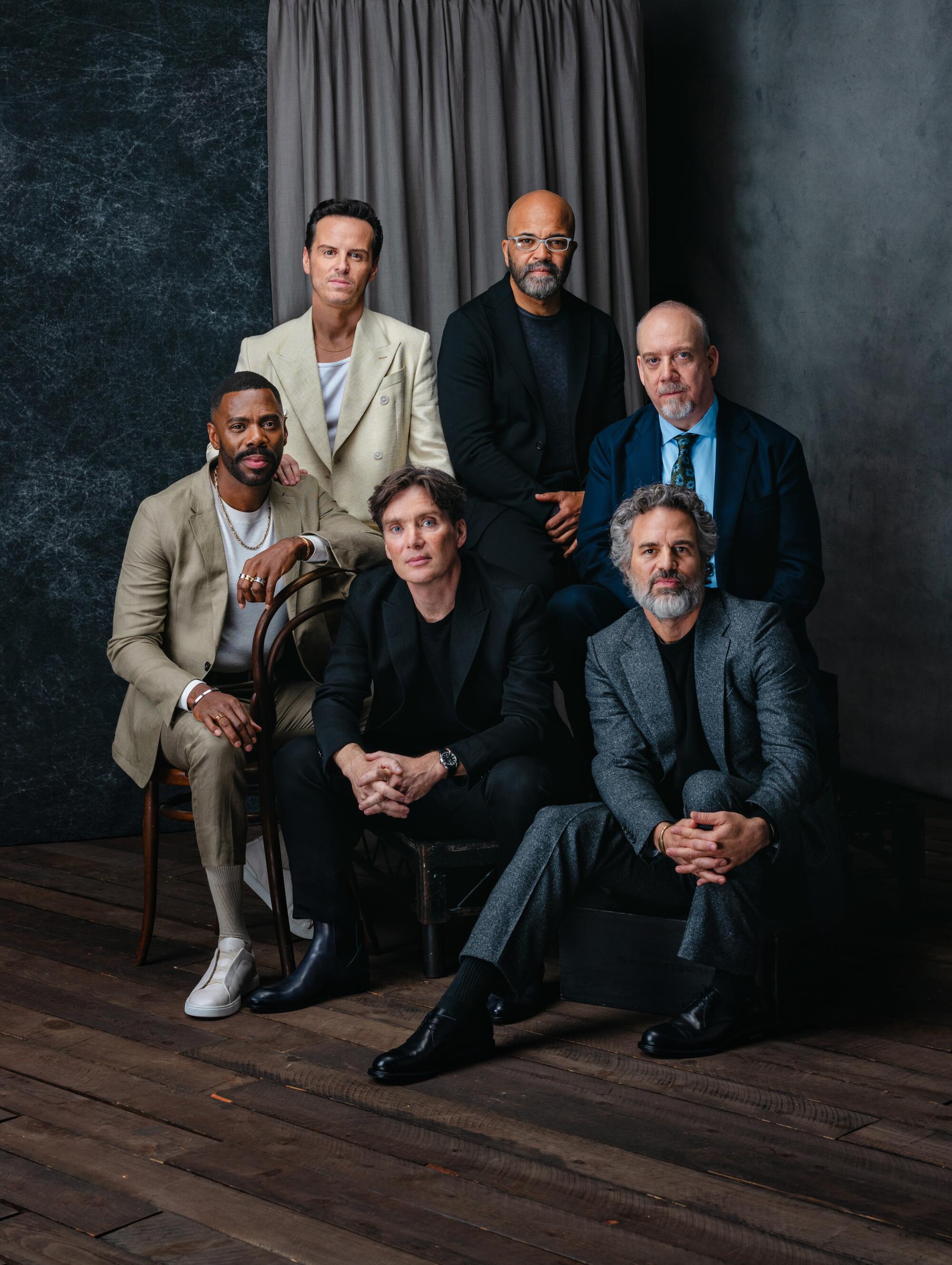 Six acclaimed performers pose together in front of a dark background for the 2023 Envelope Actors Roundtable.