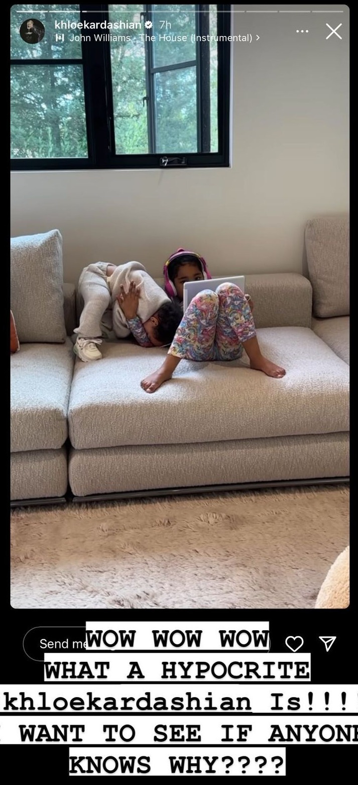 Kim reposted Khloe's Instagram Story post of her daughter True and her one-year-old son Tatum relaxing with their feet on the sofa