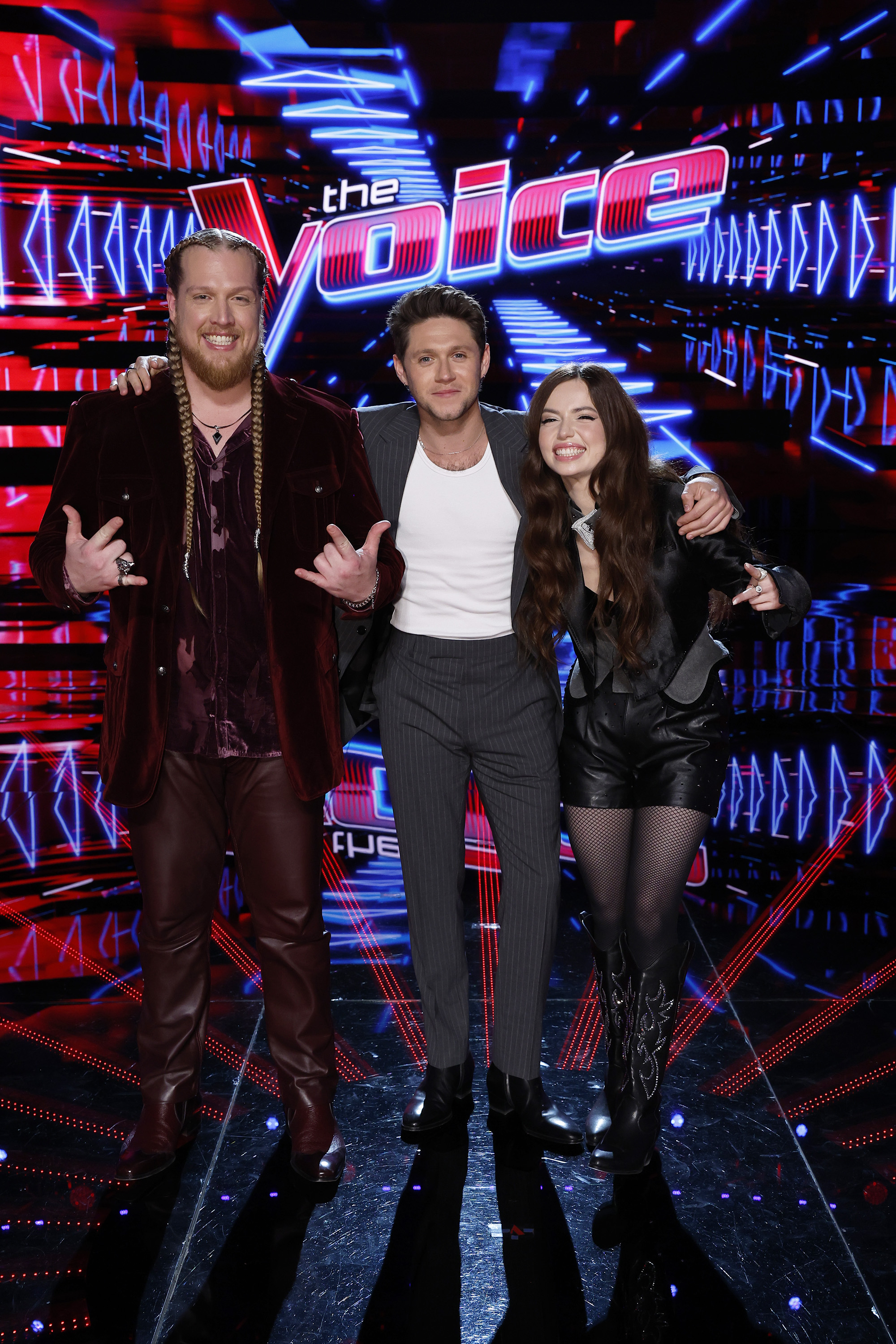 The Voice's Mara Justine pictured with her coach Niall Horan and fellow contestant, Huntley