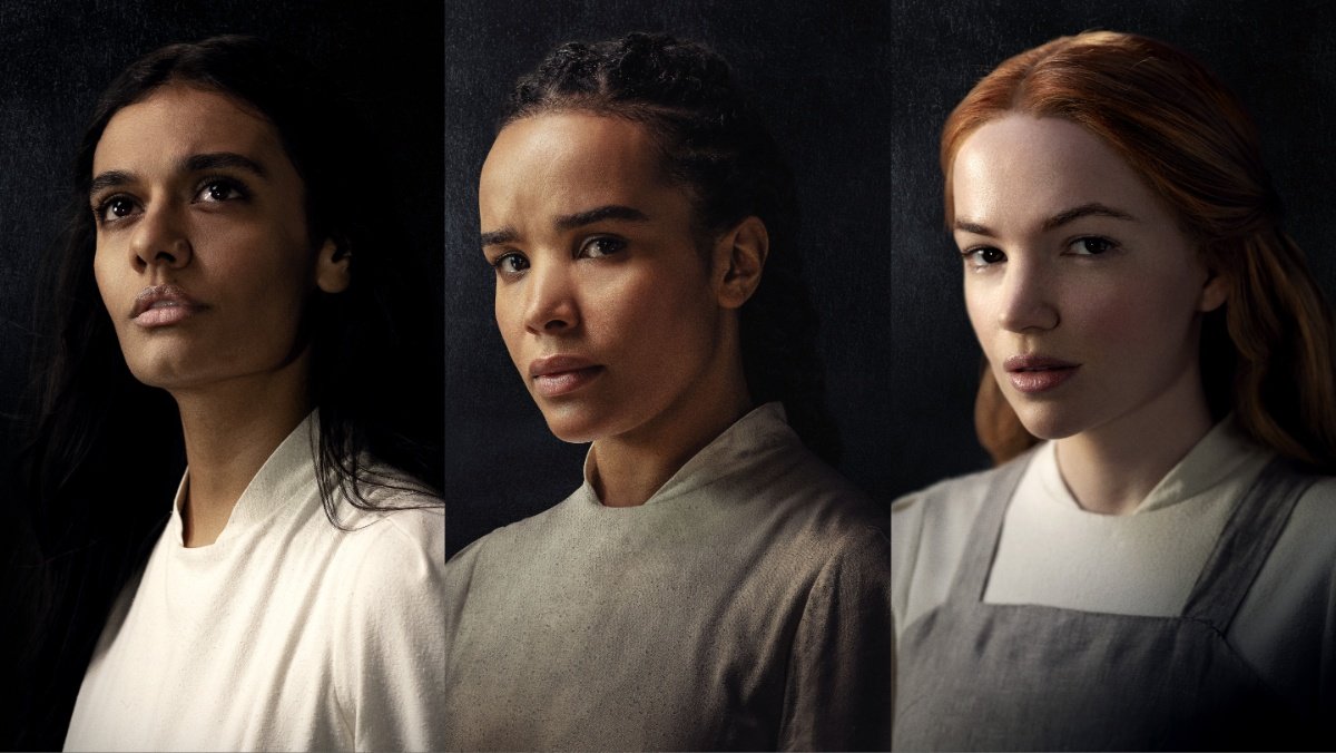 Three side-by-side photos featuring Egwene, Nynaeve, and Elayne portraits on a dark background from  The Wheel of Time season two