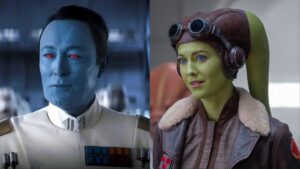 Lars Mikkelsen as Thrawn and Mary Elizabeth Winstead as Hera in Star Wars: Ahsoka.