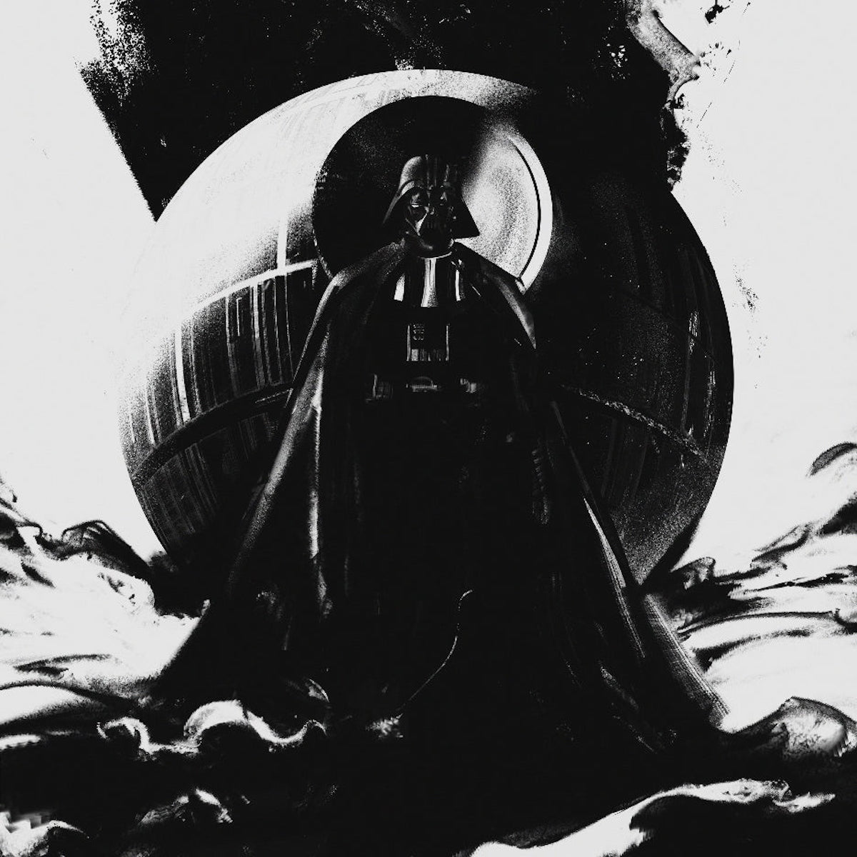 A black-and-white piece of art showing Darth Vader standing in front of the Death Star