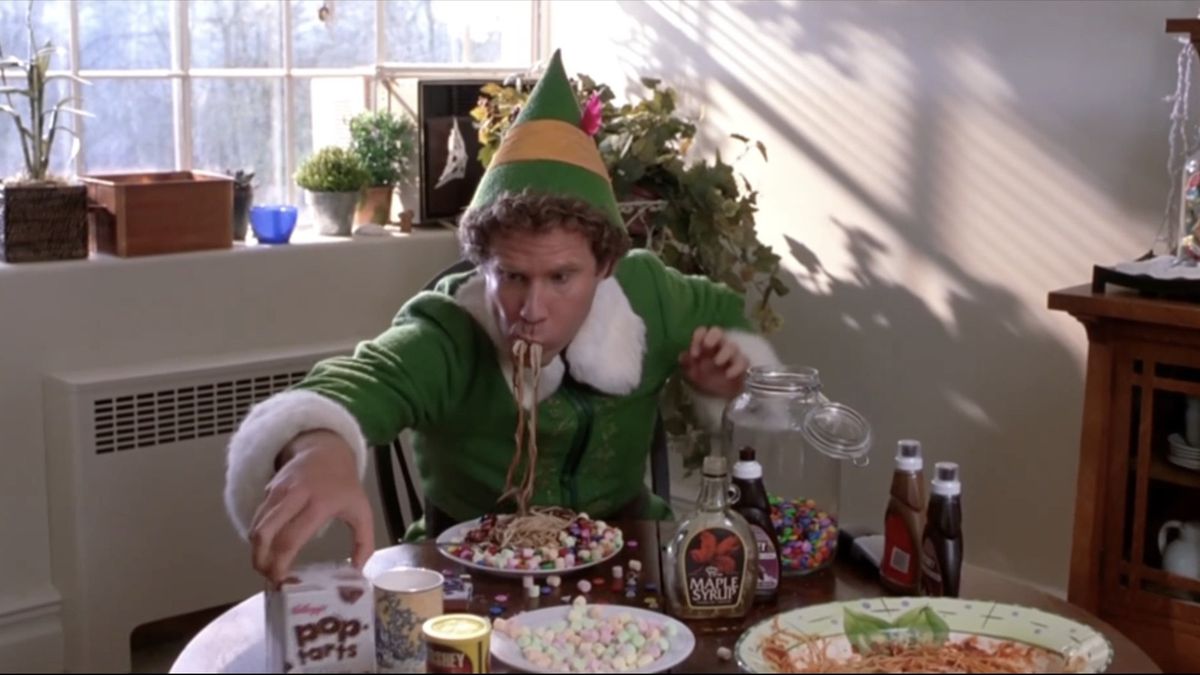 Buddy the elf and his breakfast spaghetti — a concoction that combines pasta with candy