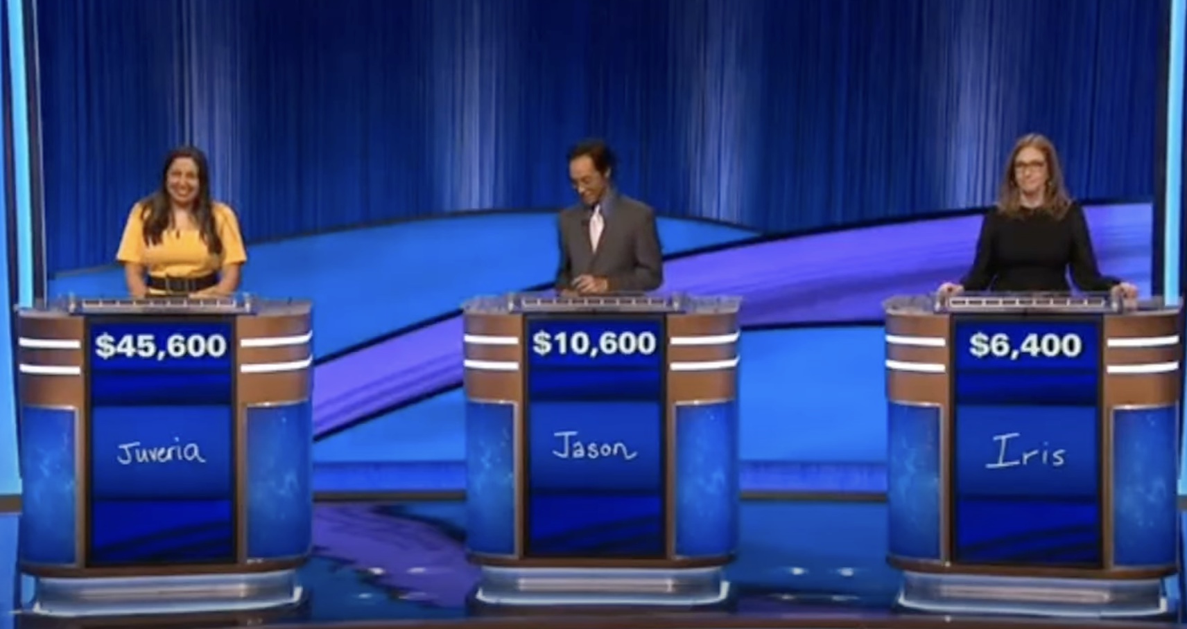 Ken Jennings couldn't help but remark: 'Jason, Iris, not so bad until you look at Juveria’s score!'