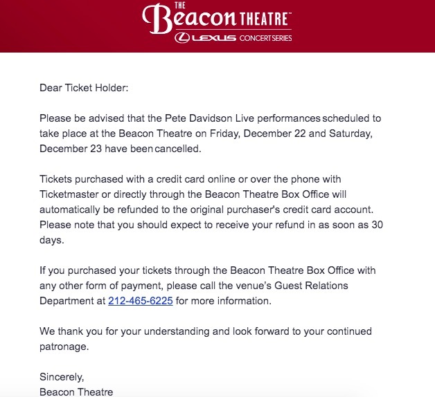 The theater sent out an email to ticket holders regarding refunds