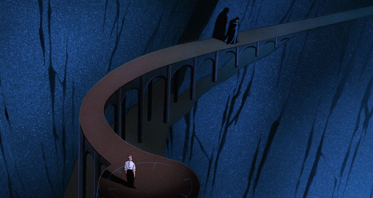 Bruce Wayne, in the Batman suit but with the cowl and mask pulled down, stands with his head down at the top of a long ramp in the Batcave, Alfred standing far below him, in Batman: Mask of the Phantasm