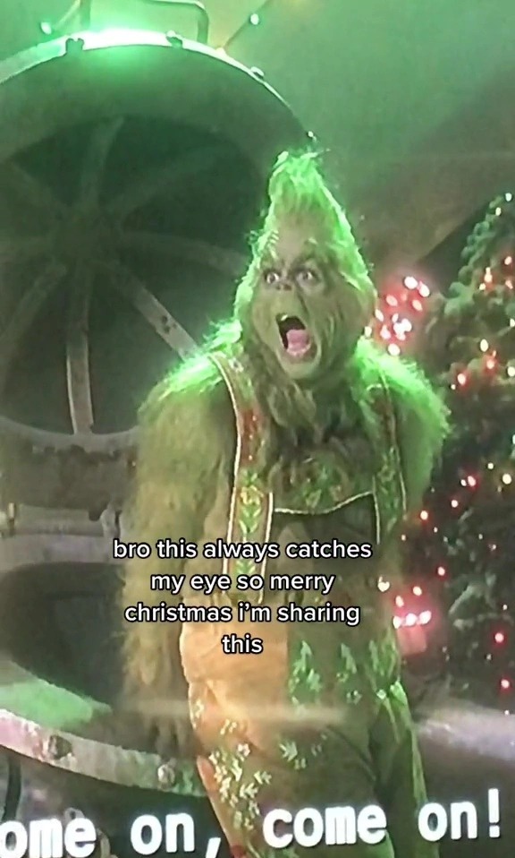 Jim Carey playing The Grinch with brown eyes